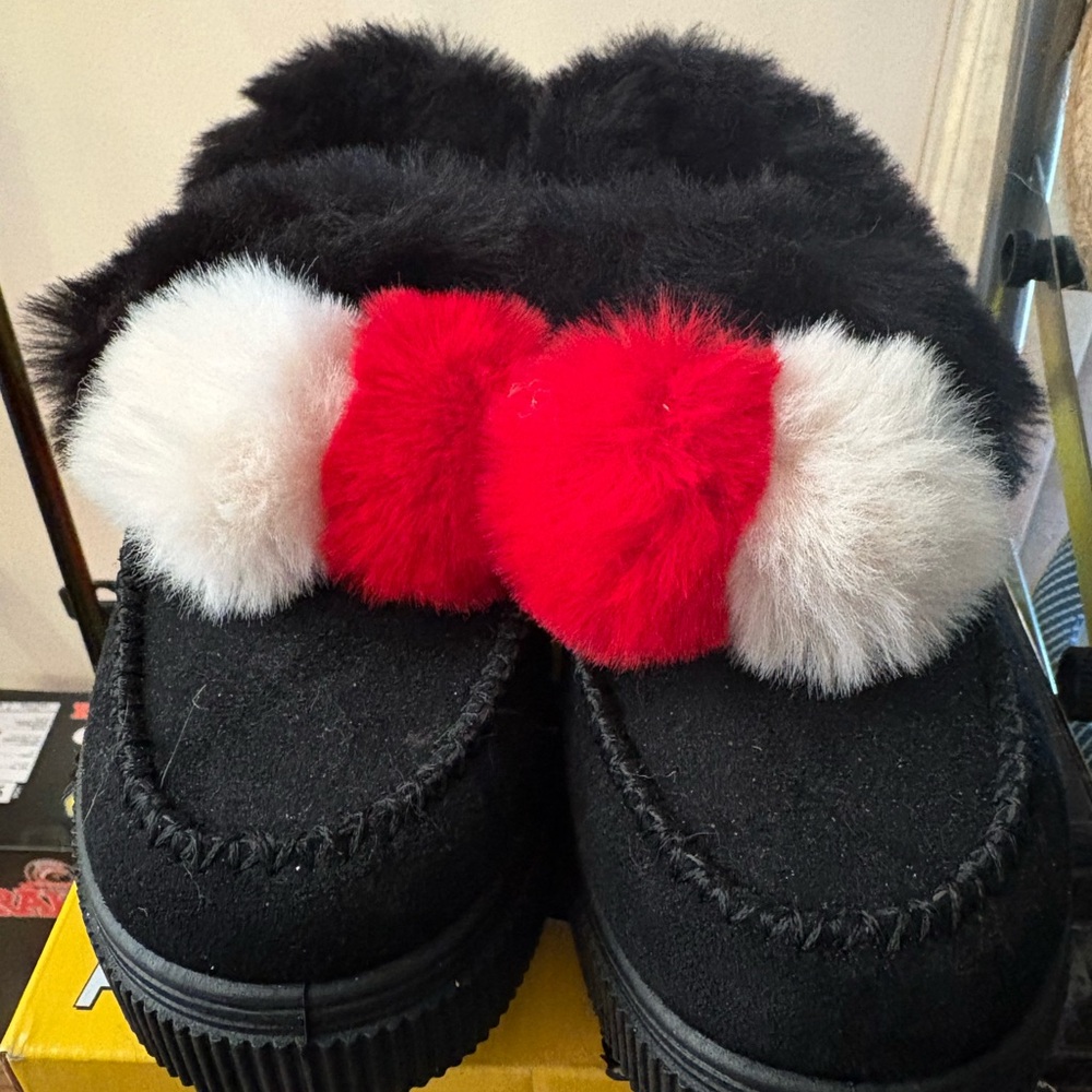 Black and Red Fur Pom Pom Women's Shoes